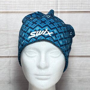 Swix Nordic Beanie Hat Blue Geometric Fair Isle Fleece Lined Unisex OS